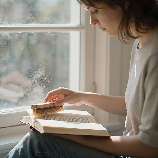 Photograph of a young woman in a white sweater, reading a book by sunlight through a window, with dust particles visible.