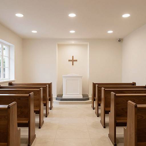 Photograph of a minimalist church interior with wooden pews, white walls, bright ceiling lights, a cross above a white altar, and a window on