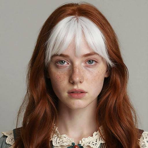 Photograph of a fair-skinned young woman with long red hair, white streak in bangs, green eyes, and freckles, wearing a