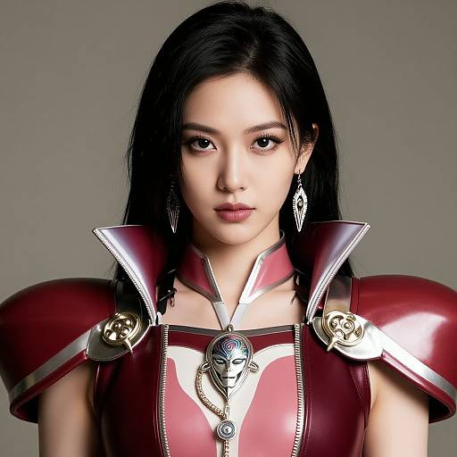 Digital art of an Asian woman with black hair, wearing red metallic armor with silver shoulder plates and intricate jewelry.