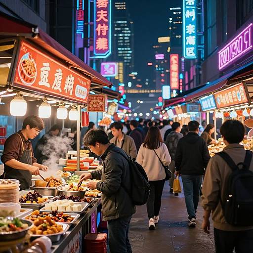Night Market with Tofu Dishes in Cyberpunk City