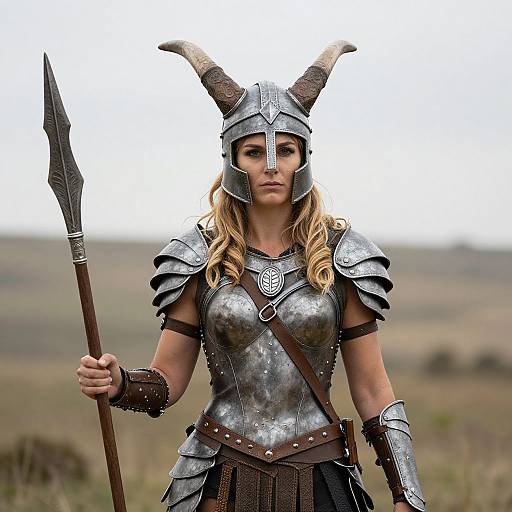 Photograph of a blonde woman in Viking armor with horns, holding a spear, standing in a grassy, hilly landscape.