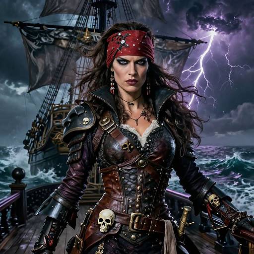 Digital artwork of a fierce, stormy-eyed pirate woman with red bandana, leather armor, skull embellishments, and ship in turbulent sea, lightning