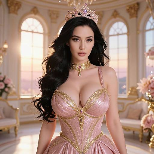 Digital art of a beautiful woman with long black hair, wearing a pink and gold corset dress, crown, and choker, in an ornate