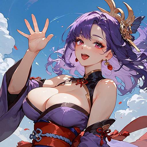 Digital anime-style drawing of a purple-haired woman with large breasts, red eyes, antler headpiece, waving, wearing a revealing black and red kim