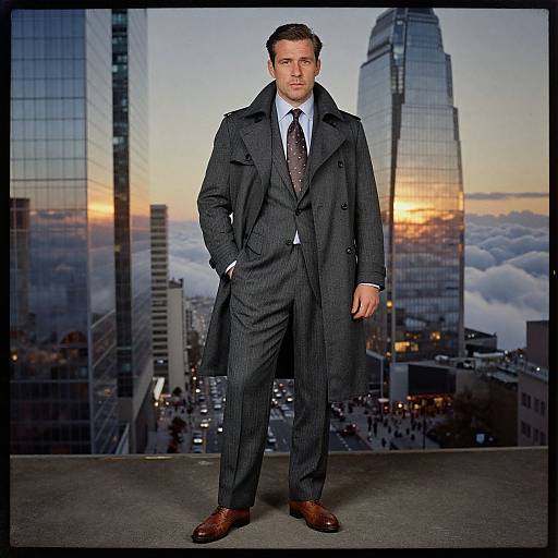 Photograph of a serious, fair-skinned man in a dark pinstripe suit and long overcoat, standing on a rooftop at sunset, with