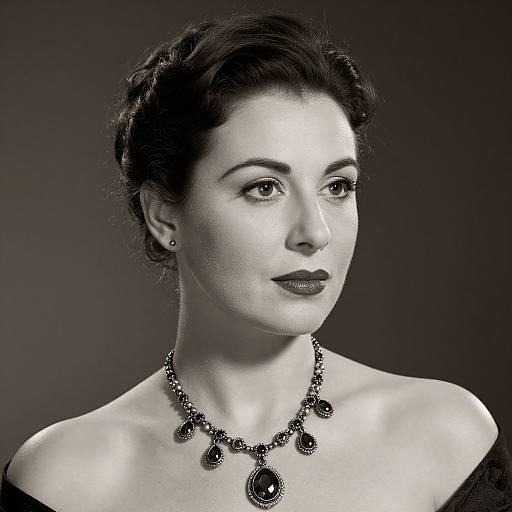 Black-and-white photograph of a poised woman with dark hair in an elegant updo, wearing an off-shoulder dress and a detailed necklace, g