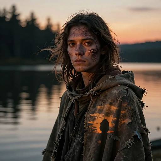 Photograph of a young, dirty-faced woman with long, disheveled brown hair, wearing tattered, mud-stained clothing, standing by a