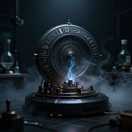Photorealistic CGI of a glowing, circular, futuristic device emitting blue light, surrounded by mist and laboratory equipment in a dark, blue-lit background