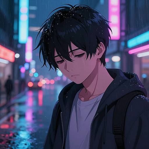 Tired Anime Boy in Neon Cyberpunk