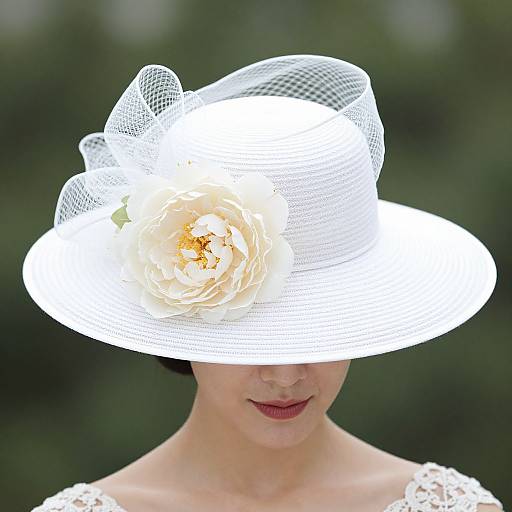 Photograph of a woman wearing a white, wide-brimmed hat with a large cream-colored flower and mesh bow, against a blurred green background.