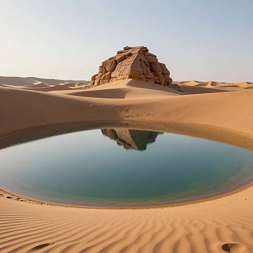 Photograph of a serene desert oasis with a clear, circular water pool reflecting a towering, sunlit sandstone rock under a bright blue sky.