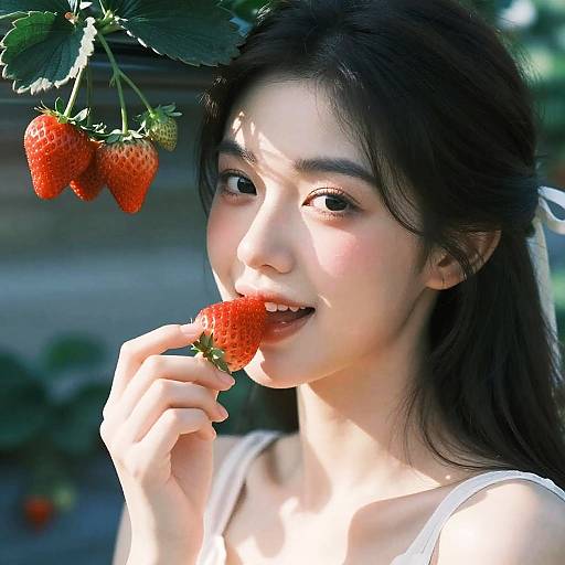 Photograph of an Asian woman with long black hair, fair skin, eating a strawberry, with a cluster of strawberries above her head. She's wearing