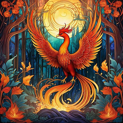 Art Nouveau Phoenix in Enchanted Forest