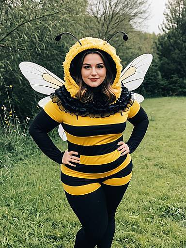 Photograph of a smiling woman in a yellow and black bee costume with white wings, standing in a grassy, wooded area.
