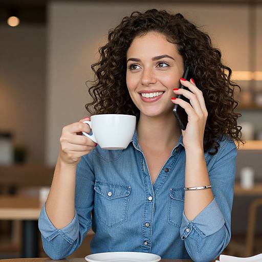 Photograph of a smiling, curly-haired woman with light brown skin, wearing a blue denim shirt, holding a white coffee cup, talking on a cellphone
