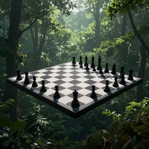 Colossal Floating Chessboard Over Forest