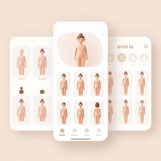 Digital illustration showing nude, stylized human figures in various poses on white cards, labeled 