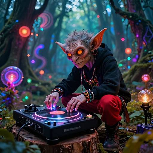 Fantastical forest DJ: Gnarled, glowing-eyed creature with large ears, wearing black hoodie and red pants, spins colorful lights on a turn