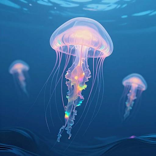 Photograph of glowing jellyfish with translucent, bell-shaped bodies and long, flowing tentacles illuminated in vibrant colors, floating in deep blue underwater ocean scene