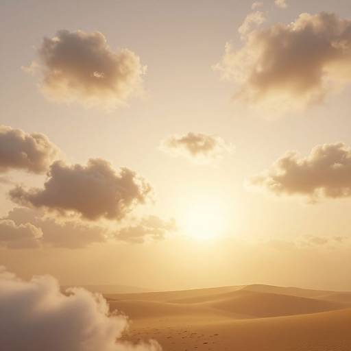 Photograph of a golden sunset over a vast, sandy desert with scattered, fluffy clouds casting soft shadows on rolling dunes.