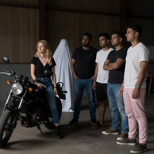 Dim Industrial Scene: Woman and Motorcycle