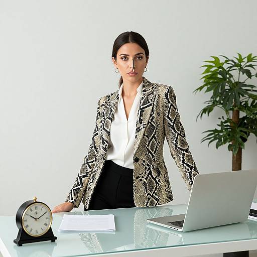 Photograph of a serious-looking woman with dark hair in a black and white snakeskin blazer, white shirt, and black skirt, sitting at a