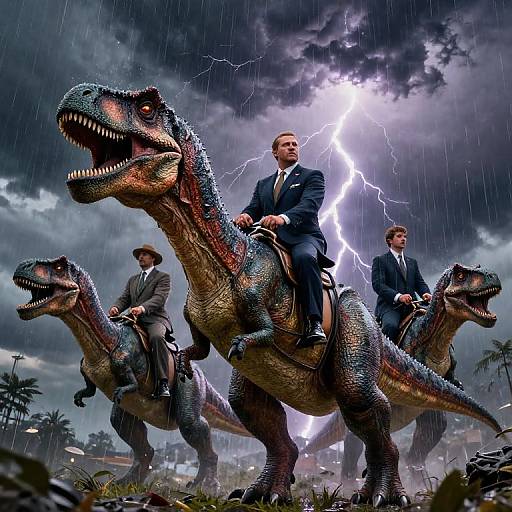 Photograph-style digital artwork: Three suited men riding T-Rexes in a stormy, lightning-filled sky, with rain and palm trees in the
