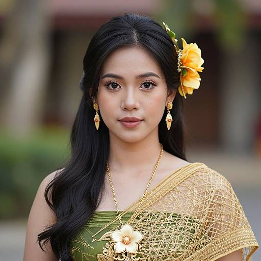 Photograph of an Asian woman with long black hair, yellow flower hairpin, green dress, gold lace shawl, gold jewelry, and serene expression