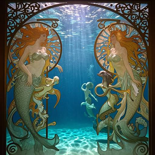 Digital art of two mermaids with flowing red hair, golden scales, and ornate frames, surrounded by fish and sunlight in a vibrant blue underwater scene
