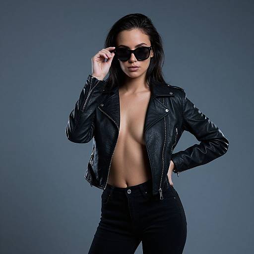 Photograph of a confident woman with long black hair, wearing black sunglasses, unzipped black leather jacket, and black pants, exposing her toned chest