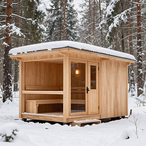 Photograph of a small, wooden, snow-covered cabin with a glass door and window, set in a snowy, forested area.
