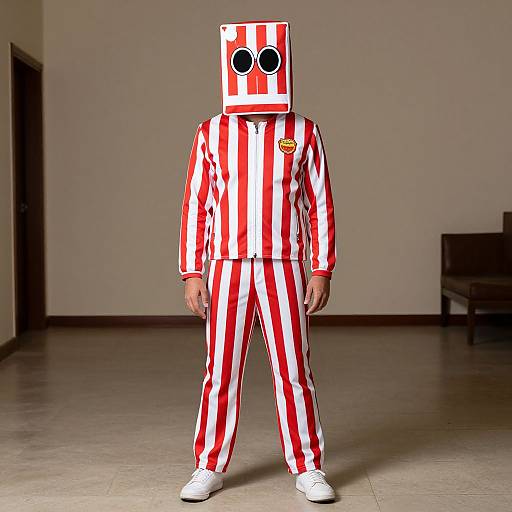 Photograph of a person wearing a red and white striped clown suit with a square face mask featuring black circular eyes, standing in a simple, beige-w
