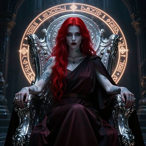 Photograph-like digital art of a red-haired woman with pale skin, black dress, and intricate tattoos, sitting on a silver throne with a glowing,