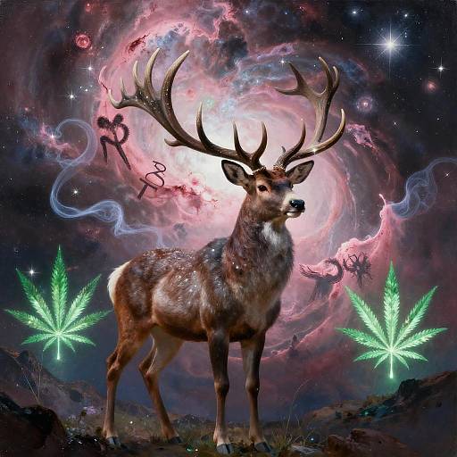 Digital art of a majestic deer with large antlers, glowing green marijuana leaves, and a swirling, cosmic pink and purple galaxy background with starlight and