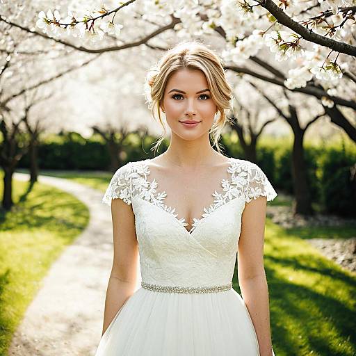 Bride in Elegant Lace Wedding Dress in Blossoming Garden
