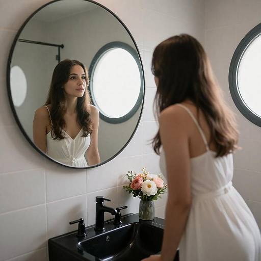 Woman in Geometric Bathroom Mirror