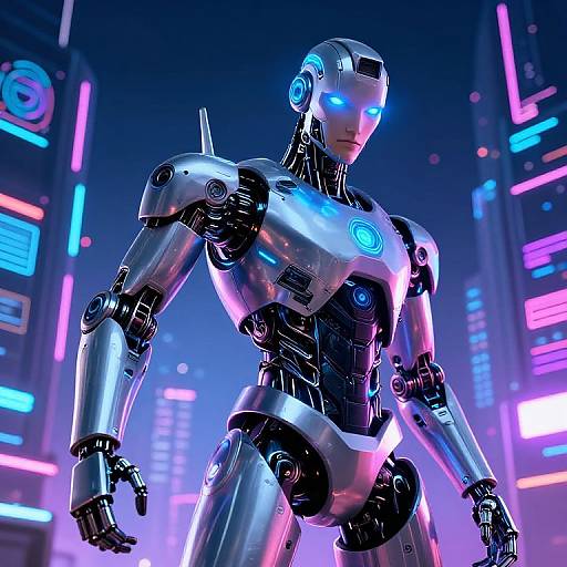 CGI image of a futuristic, silver robotic humanoid with glowing blue eyes and lights, standing in a neon-lit cyber cityscape.
