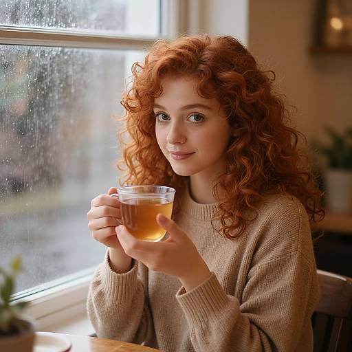 Photograph of a young woman with curly red hair, wearing a beige sweater, holding a glass of tea, sitting by a rainy window.