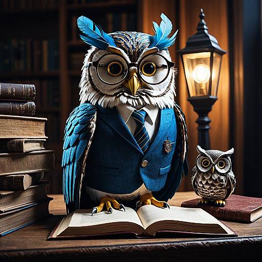 3D Owl Scholar Reading Ancient Book