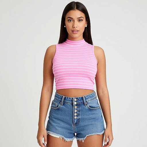 Photograph of a young woman with long black hair, wearing a pink striped sleeveless crop top and high-waisted blue denim shorts with frayed