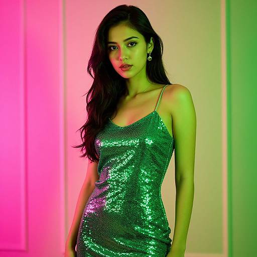 Photograph of an attractive Indian woman with long black hair, wearing a shimmering green sequin dress, standing against a pink and green-lit background