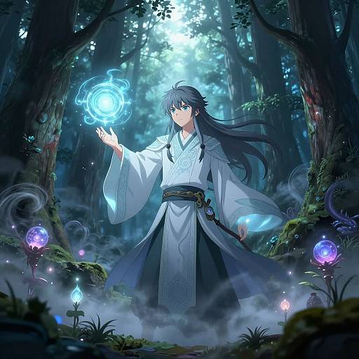 Anime-style digital art: Dark-haired magician in white and black robes, glowing blue orb in hand, forest background with ethereal lights.