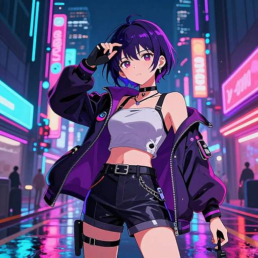 Digital anime-style drawing of a purple-haired girl in a neon-lit city street, wearing a black jacket, white crop top, black shorts, and