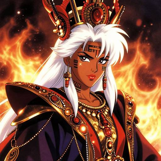 Digital anime-style portrait of a dark-skinned female warrior with white hair, ornate headdress, and regal jewelry, set against a fiery background