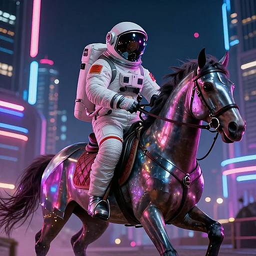 Digital artwork: Astronaut in white spacesuit riding a neon-lit, metallic black horse through a futuristic cityscape with vibrant neon lights.