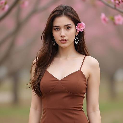 Photograph of a young woman with long dark hair, brown strapless dress, pink flower in hair, wearing dangling earrings, standing in a blurred spring