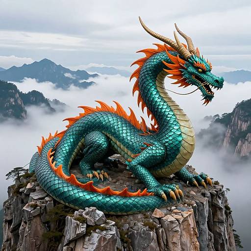 Digital artwork of a vibrant turquoise dragon with orange spines and horns, coiled on a rocky cliff amid misty, mountainous terrain.
