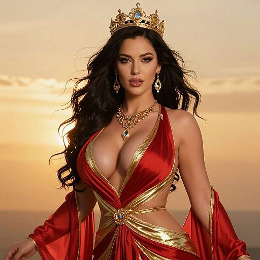 Digital artwork of a regal woman with long black hair, wearing a gold crown, red and gold revealing dress, and jewelry, against a sunset sky