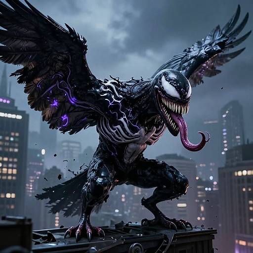 Digital artwork of Venom with dark, feathered wings, glowing purple eyes, and extended purple tongue, standing menacingly on a rooftop against a cityscape